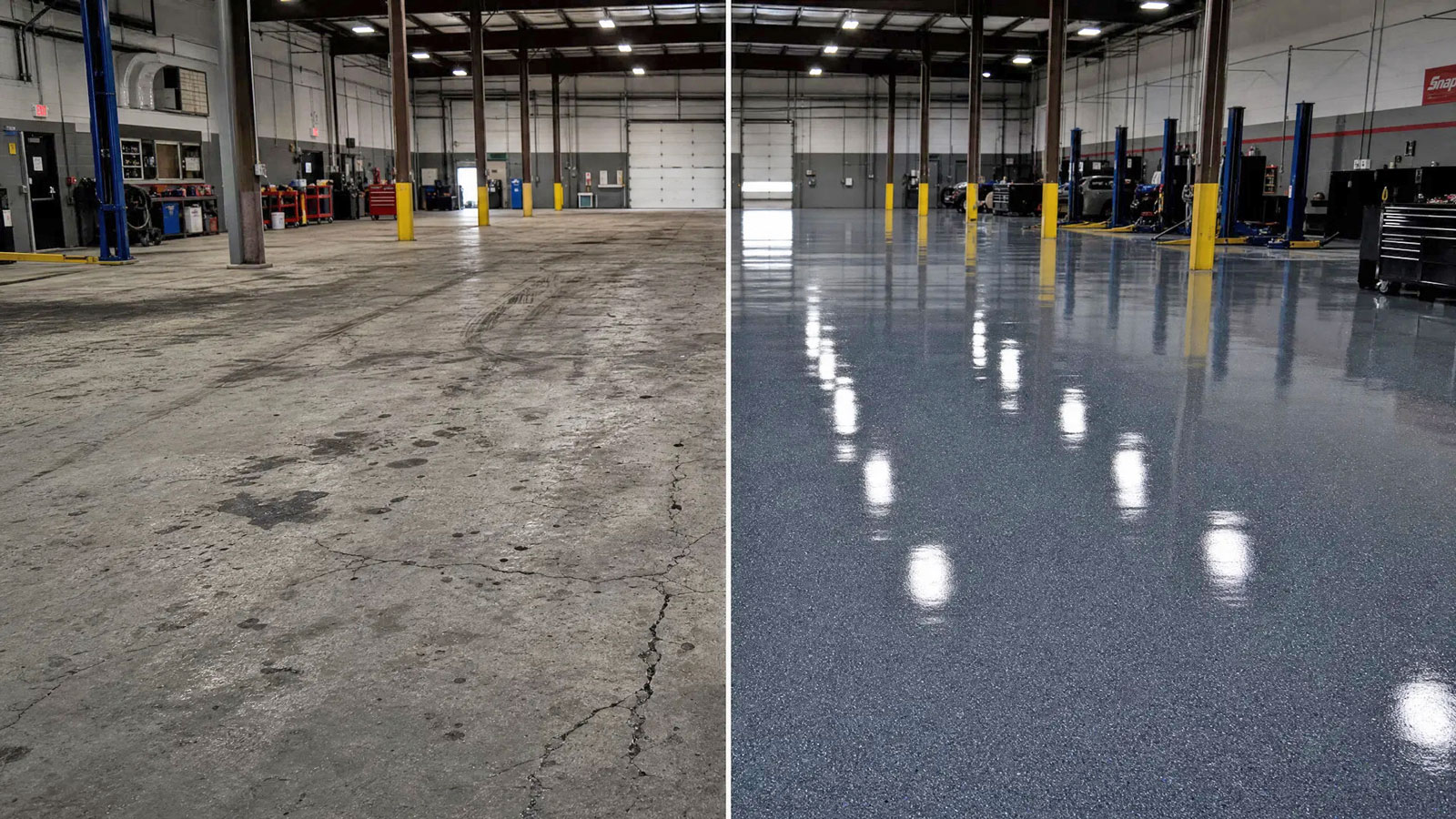 Commercial floor coating before and after — service-area floor